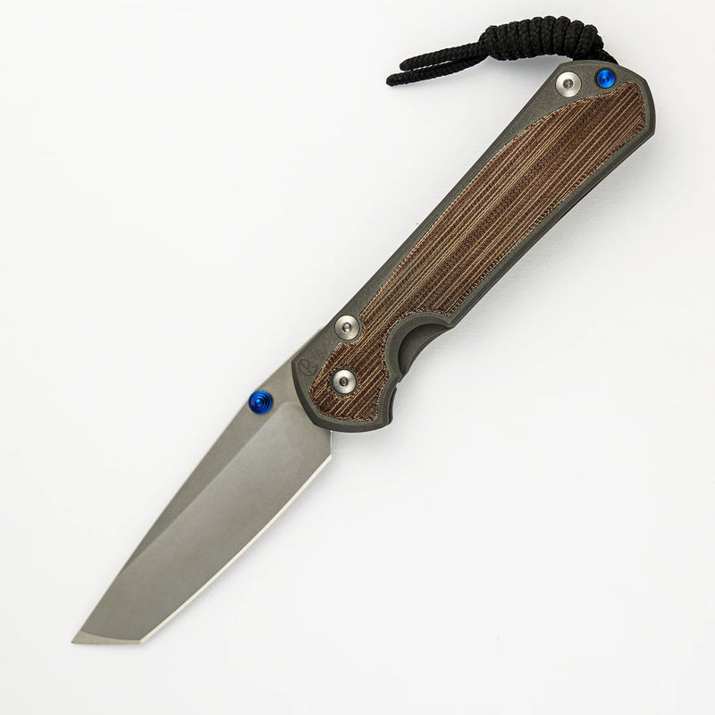 LARGE SEBENZA 31 NATURAL CANVAS MICARTA INLAY – TANTO CPM MAGNACUT BLADE – BLUE DOUBLE THUMB LUGS