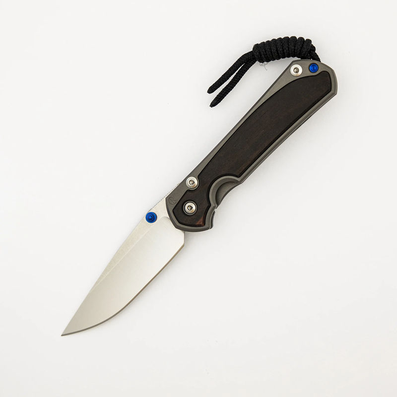 SMALL SEBENZA 31 MACASSAR EBONY INLAY – DROP POINT POLISHED CPM MAGNACUT BLADE – BLUE DOUBLE THUMB LUGS - Pattern:Pattern 1