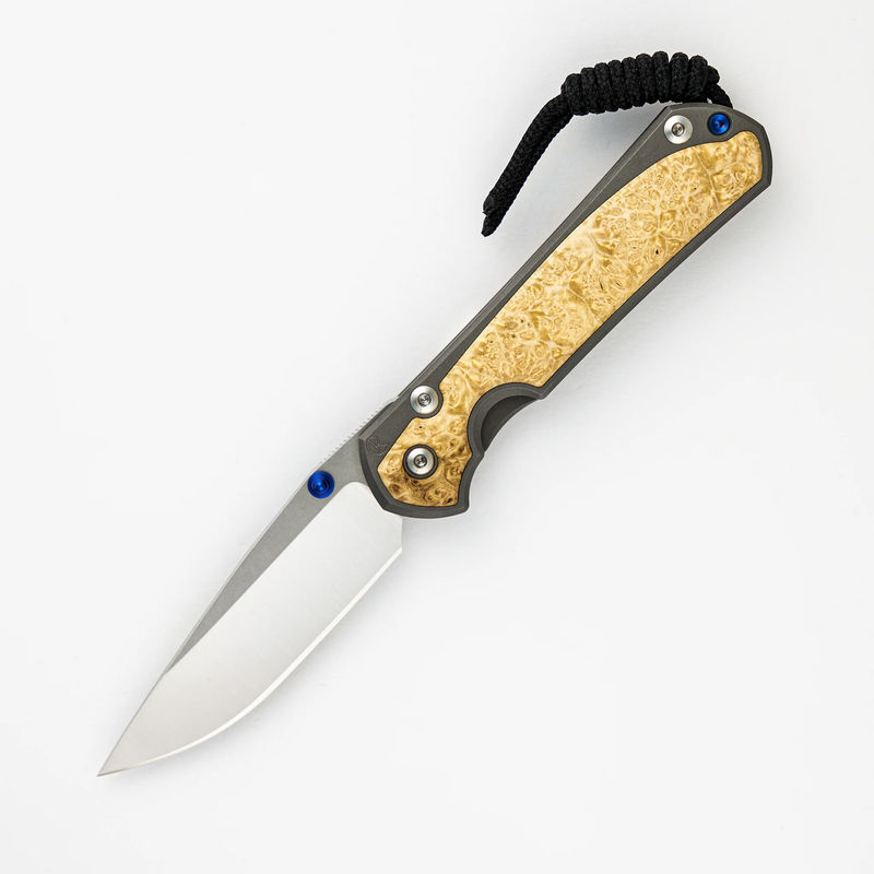 SMALL SEBENZA 31 BOX ELDER INLAY – DROP POINT POLISHED CPM MAGNACUT BLADE – BLUE DOUBLE THUMB LUGS - Pattern:Pattern 1
