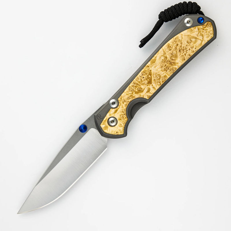 LARGE SEBENZA 31 BOX ELDER INLAY – DROP POINT POLISHED CPM MAGNACUT BLADE – BLUE DOUBLE THUMB LUGS