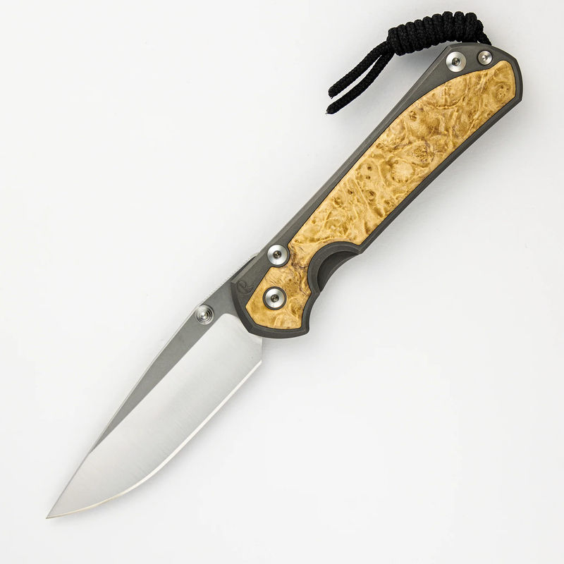 LARGE SEBENZA 31 BOX ELDER INLAY – DROP POINT POLISHED CPM MAGNACUT BLADE – SILVER DOUBLE THUMB LUGS