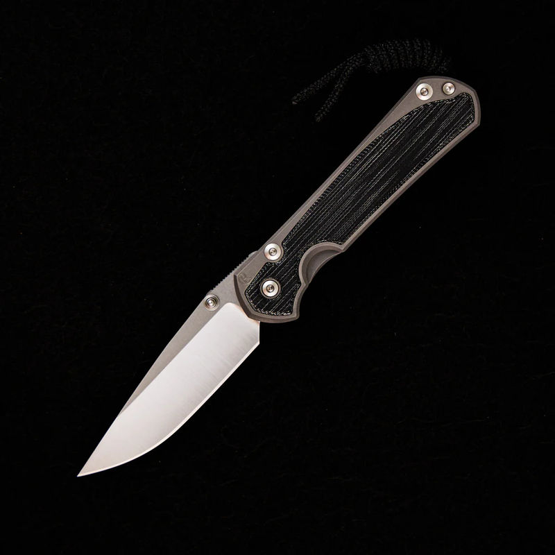 SMALL SEBENZA 31 BLACK CANVAS MICARTA INLAY – POLISHED CPM MAGNACUT BLADE – GLASS BLASTED – SILVER DOUBLE THUMB LUGS