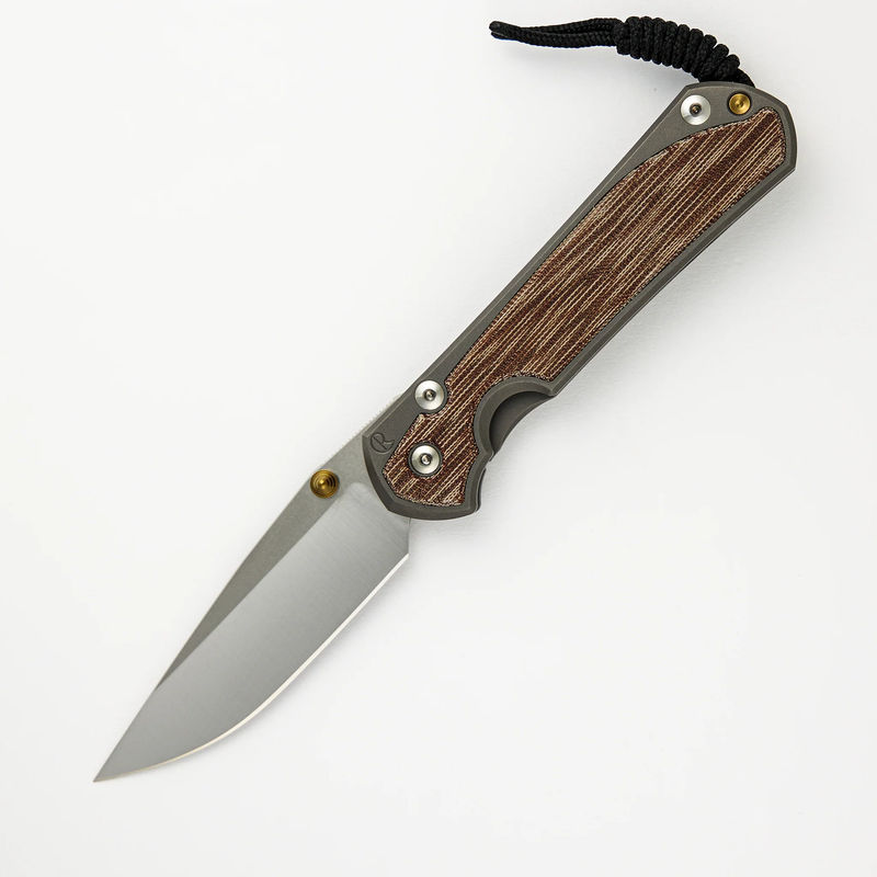LARGE SEBENZA 31 NATURAL CANVAS MICARTA INLAY – POLISHED CPM MAGNACUT BLADE – GLASS BLASTED – GOLD DOUBLE THUMB LUGS