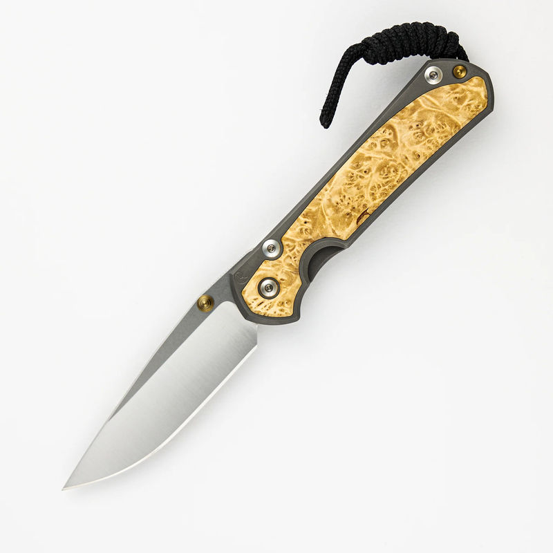 SMALL SEBENZA 31 BOX ELDER INLAY – DROP POINT POLISHED CPM MAGNACUT BLADE – GOLD DOUBLE THUMB LUGS - Pattern:Pattern 1