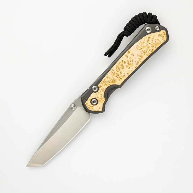 SMALL SEBENZA 31 BOX ELDER INLAY – CPM MAGNACUT TANTO BLADE – SILVER DOUBLE THUMB LUGS - Wood Variant:Pattern 1