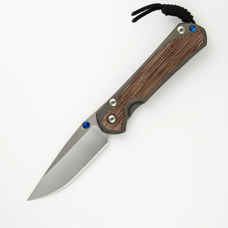 LARGE SEBENZA 31 NATURAL CANVAS MICARTA INLAY – POLISHED CPM MAGNACUT BLADE – GLASS BLASTED – BLUE DOUBLE THUMB LUGS