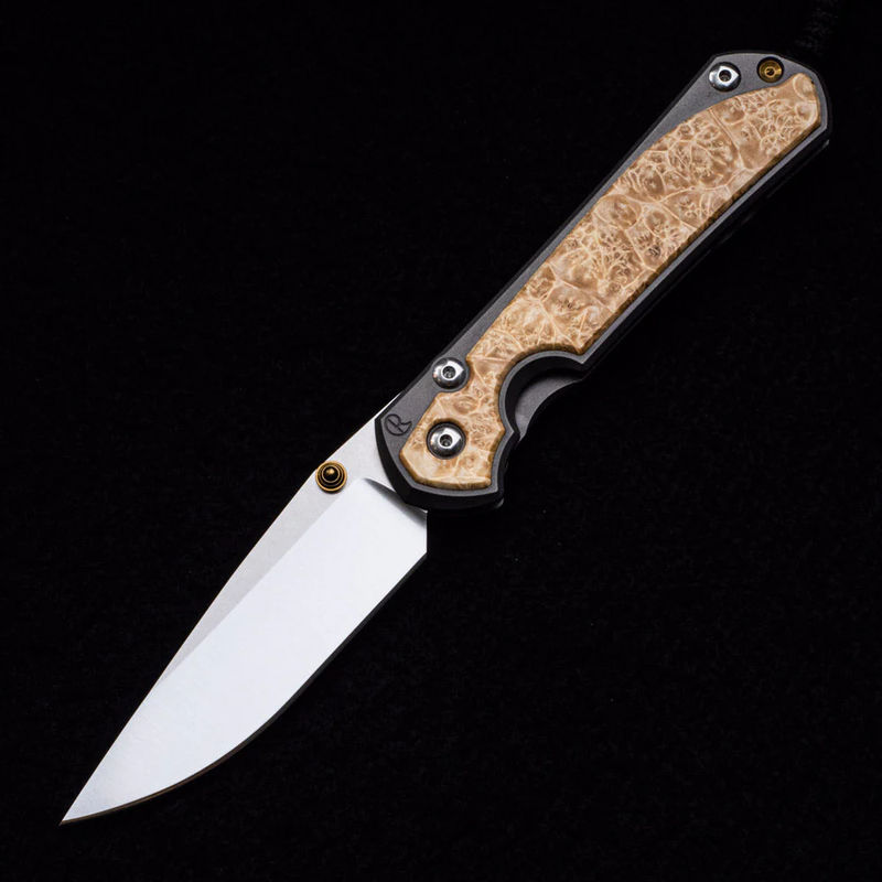 LARGE SEBENZA 31 BOX ELDER INLAY – POLISHED CPM MAGNACUT BLADE – GOLD DOUBLE THUMB LUGS - Wood Variant:Pattern 1