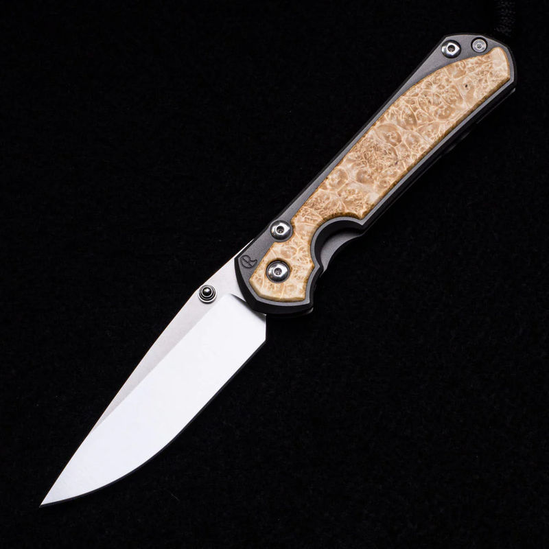 LARGE SEBENZA 31 BOX ELDER INLAY – POLISHED CPM MAGNACUT BLADE – SILVER DOUBLE THUMB LUGS - Wood Variant:Pattern 1