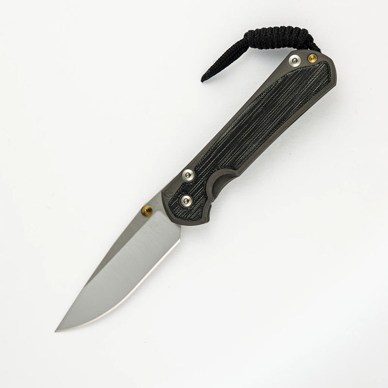 SMALL SEBENZA 31 BLACK CANVAS MICARTA INLAY – POLISHED CPM MAGNACUT BLADE – GOLD DOUBLE THUMB LUGS