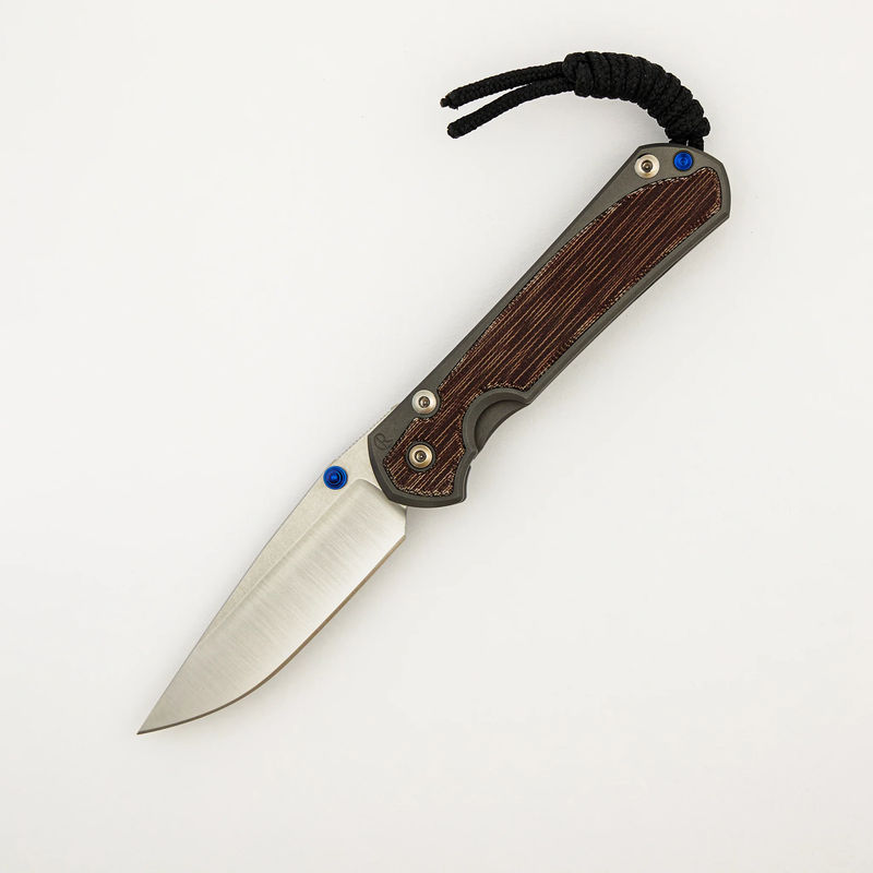 Small Sebenza 31 - Natural Canvas Micarta Inlay - Polished CPM MagnaCut Blade - Glass Blasted - Blue Double Thumb Lugs
