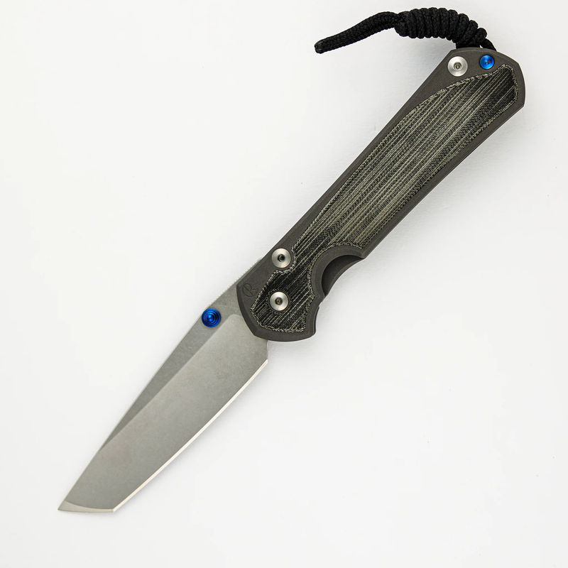 LARGE SEBENZA 31 BLACK CANVAS MICARTA INLAY – TANTO CPM MAGNACUT BLADE – BLUE DOUBLE THUMB LUGS