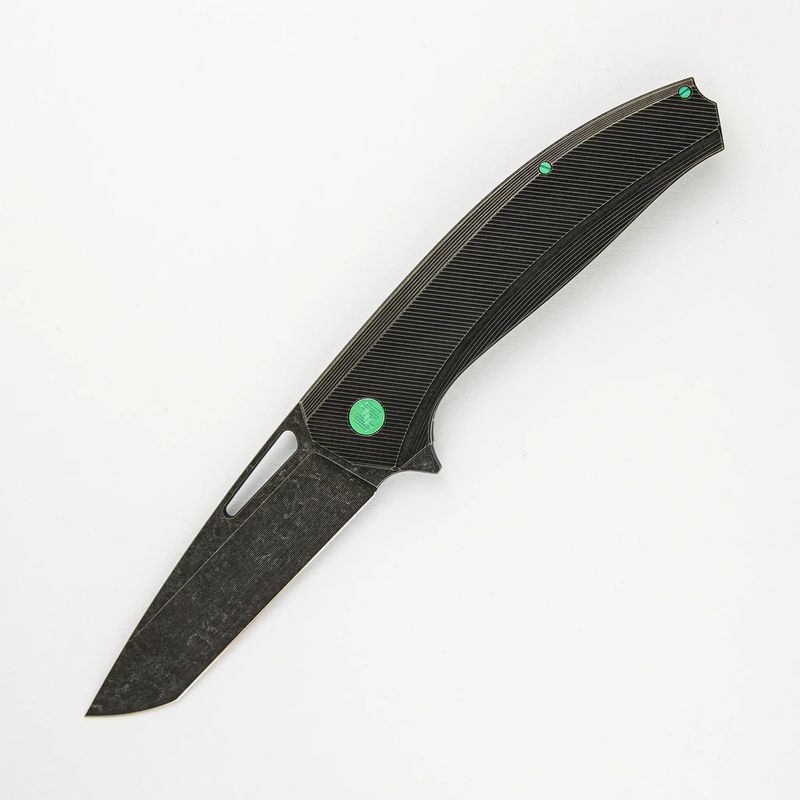 Veli – Dark Stonewashed Textured Titanium Handle – RWL-34 Blade – Green Titanium Hardware