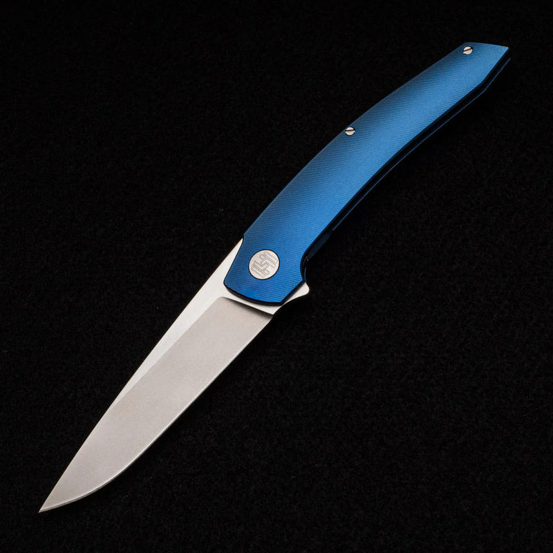 Model T – M390 BLADE W- SATIN FLATS – BLUE TI W- SILVER