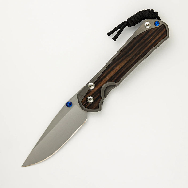 Large Sebenza 31 Macassar Inlay - CPM MagnaCut Blade - Blue Double Thumb Lugs - Wood Variant:Pattern 1