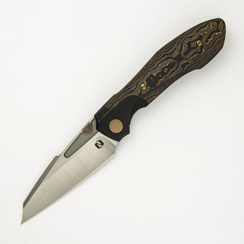 Voodoo - Black PVD/Light Stonewash Ti/Gold Camo Carbon Fiber Handle - Belt Satin M390 Blade