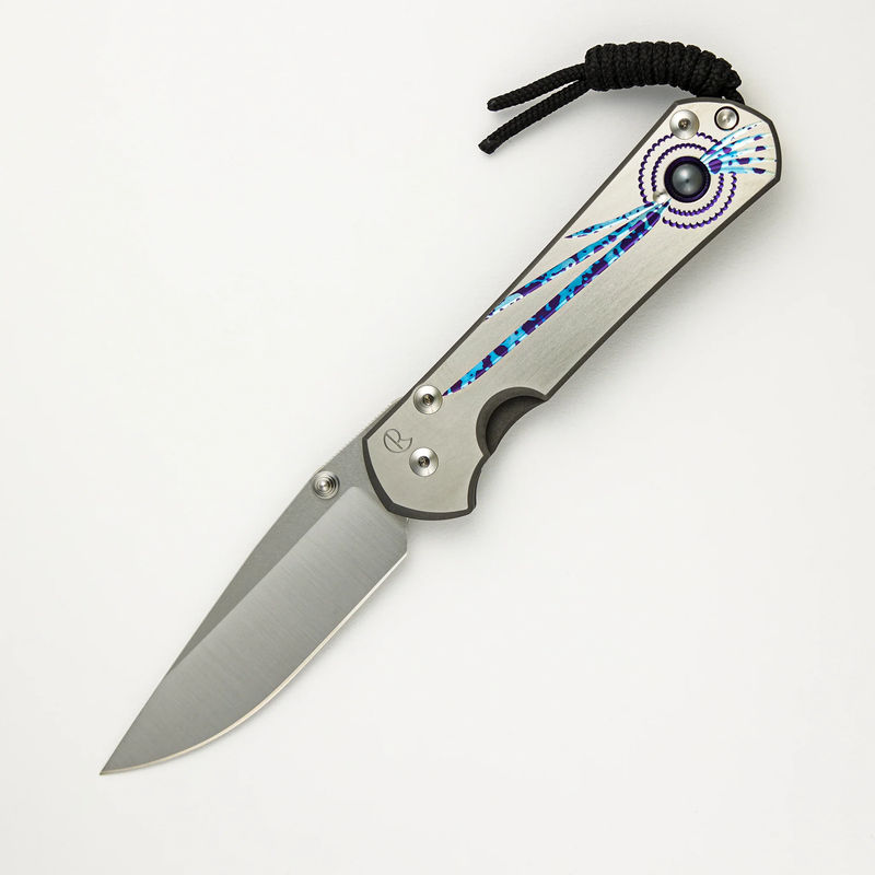 Large Sebenza 31 - Unique Graphic - Drop Point CPM MagnaCut Blade - Silver Single Thumb Lug