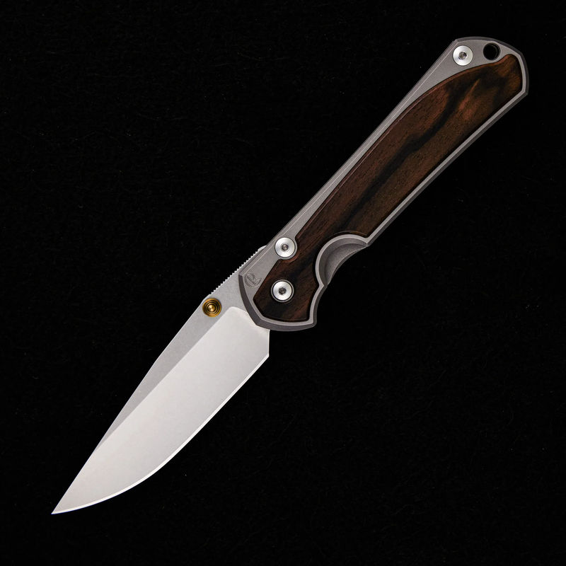 LARGE SEBENZA 31 MACASSAR INLAY – CPM S45VN BLADE – GOLD SINGLE THUMB LUG