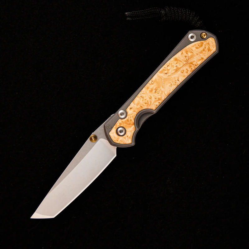 SMALL SEBENZA 31 BOX ELDER INLAY – CPM MAGNACUT TANTO BLADE – GOLD SINGLE THUMB LUG