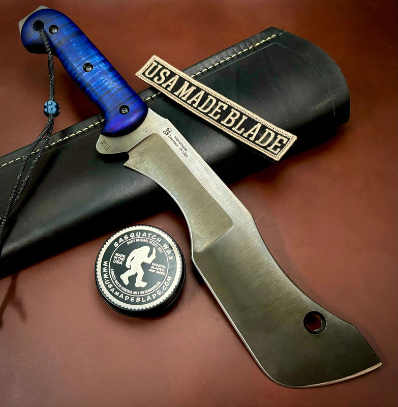 T.M. Hunt Full Custom M18 #628 with Blue Curly Maple Handles, Black Custom Leather Sheath and O1 Tool Steel