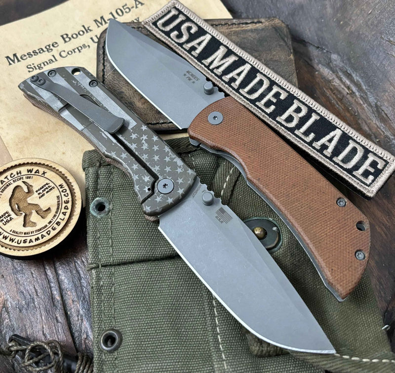 Atomic Bronze Battled Stars & Stripes McNees Knives Mac-2 3.5" Natural Micarta with Smooth Ti Lockside Stonewashed Magnacut Blade (Gen 2)