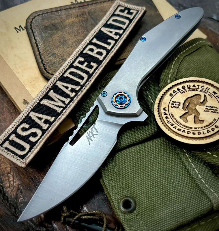 NK&T Custom Hydra Framelock with 5/32 Magnacut Blade, Ti Frame Handles, Blue Ti Hardware and Copper Pivot Collar