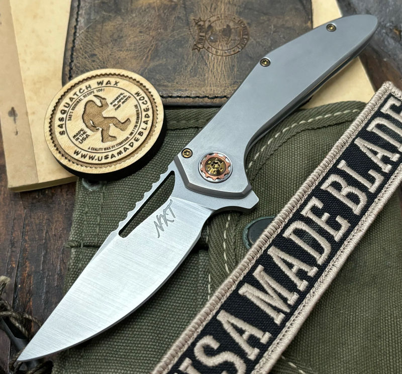 NK&T Custom Hydra Framelock with 5/32 Magnacut Blade, Plain Ti Frame Handles, Bronze Ti Hardware and Copper Pivot Collar