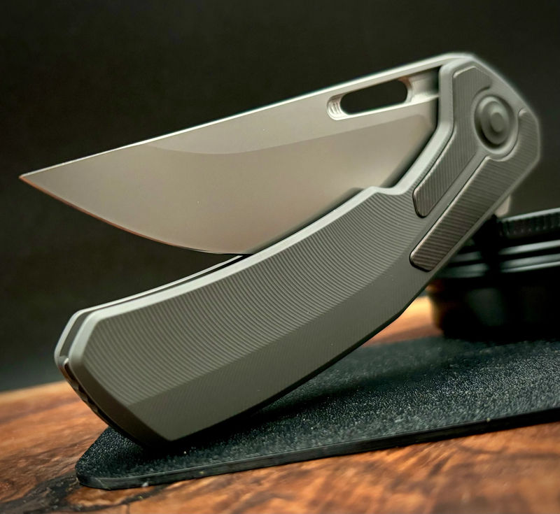 Archer from Tactile Knife Co. with Feathered Darkwash Ti, Distressed Ti inlay, Magnacut Blade and blackened ti hardware