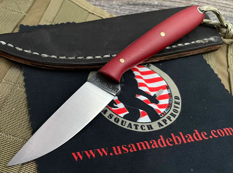 T.M. Custom Knives Bird and Trout Knife Red Micarta and O1
