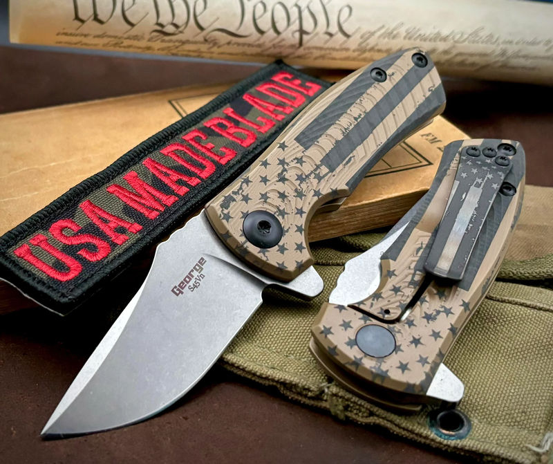 Battle Stars & Stripes Les George ESV Flipper FDE DLC Morph Ti, S45VN Blade, and Black DLC Hardware